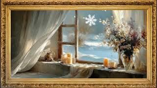 Winter flowers by the window | snowfall frame tv art screensaver | live wallpaper for tv 4K