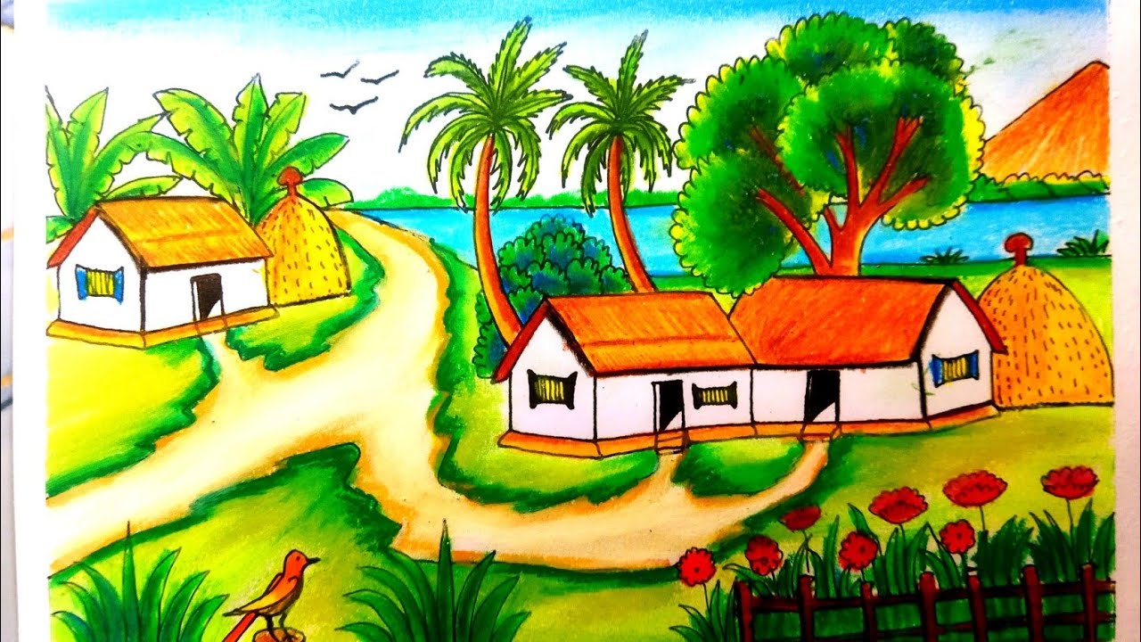 How to draw beautiful village scenery.River and house drawing step by step.