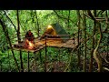 Overnight Bushcraft Solo Camping Heavy Raining Bushcraft Tree House Shelter