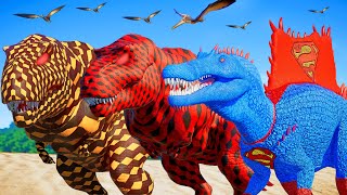 Superman Spinosaurus, Begins the Epic and Relentless Battle with Two Massive T-Rex:Who Will Prevail?