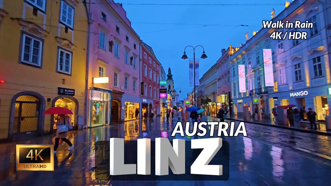 Linz Austria Winter Walk in Rain 4K HDR  Relaxing City Walk & Natural Sounds
