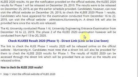 KLEEE Results 2020 fpr Phase 1 to be declared today, Check at kluniversity.in, Get Direct Link Here