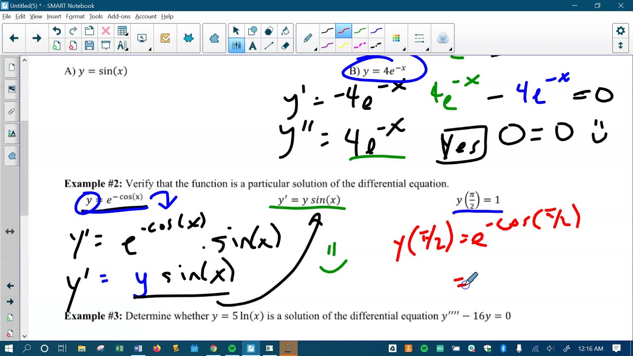 Verifying Solutions to Diff Eqns - YouTube