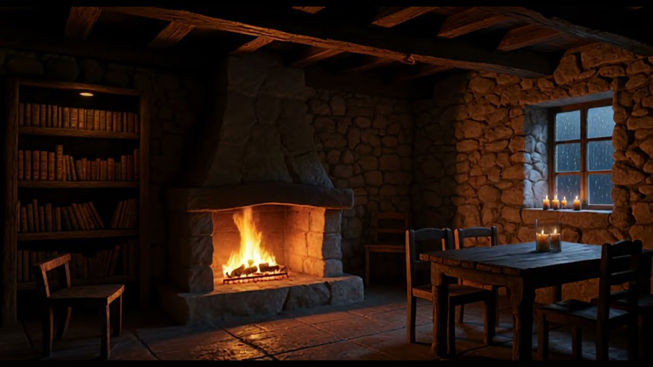 Cozy Rainy Cabin Ambience | Fireplace, Candlelight & Rain on Window | 6 Hours