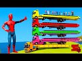 Colored Spiderman Team Loading Mack Trucks, MC Queen Cars &amp; Bus Into A Six floors Train Trailer