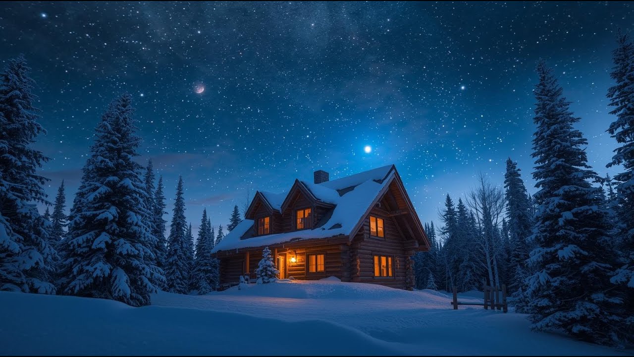Snowy Cabin Under the Stars 🌙 Cozy Night Ambience for Sleep, Relaxation & Focus