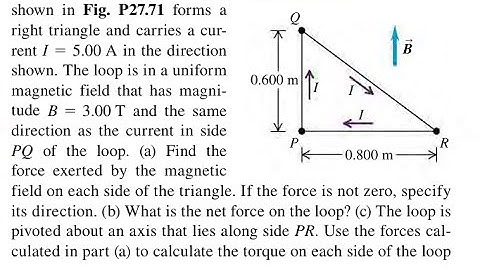 The loop of wire shown in forms a right triangle and carries a current 5.00 A in the direction shown