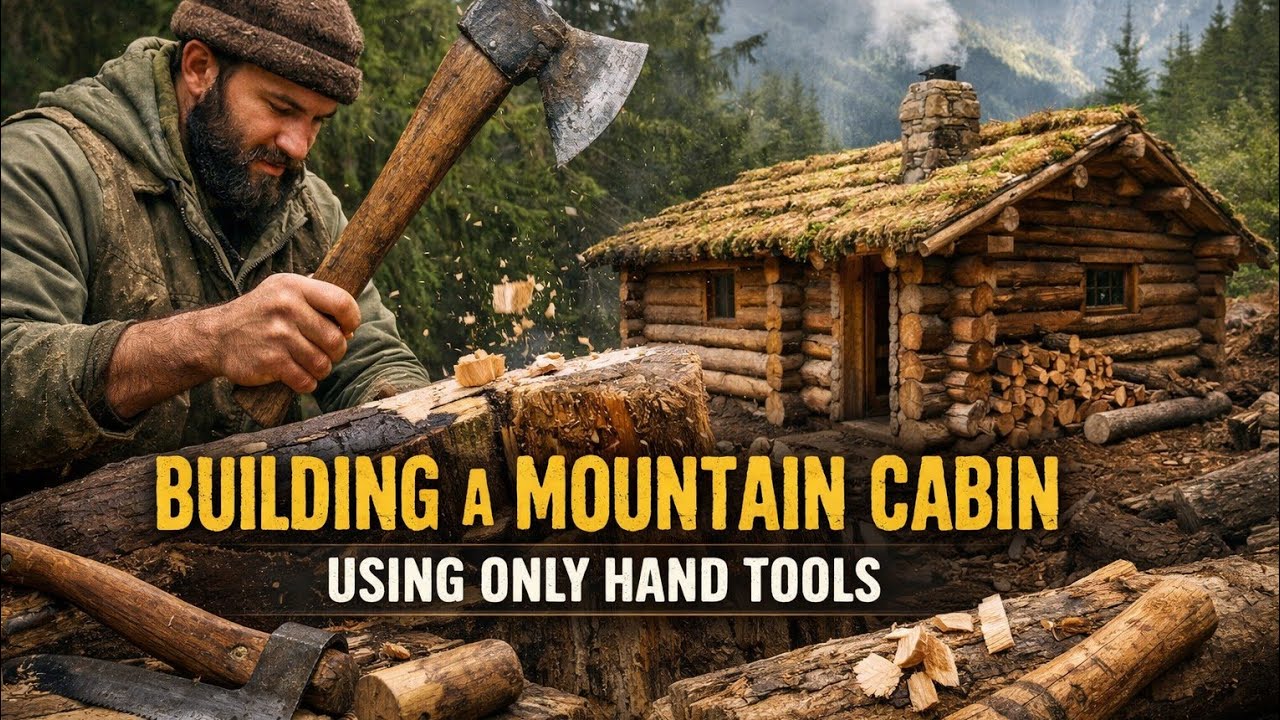 “Building a Mountain Cabin Using Only Hand Tools | Full Bushcraft Survival Build”