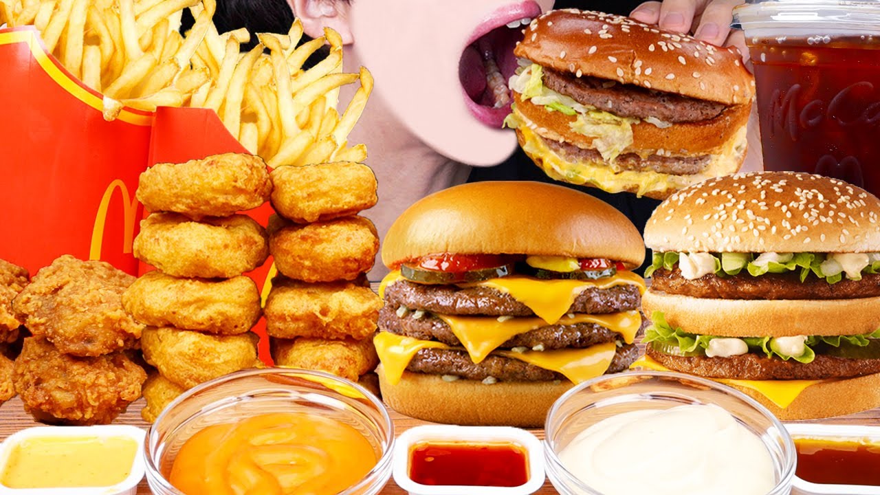 ASMR McDonald's BIG MAC TRIPLE CHEESEBURGER CHICKEN NUGGETS FRIES FIRE SAUCE MUKBANG 먹방EATING SOUNDS