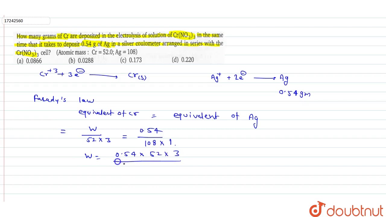 How many grams of Cr are deposited in the electrolysis of solution of Cr`(NO_3)_3` in the same t...