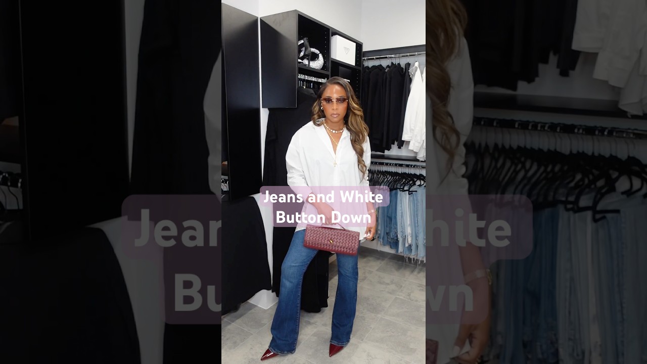 Jeans and white button down outfit  