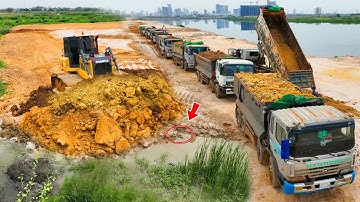 Excitedly New Starting Project Filling Land Gaps with Shantui Dozer & 25Ton Dump Trucks Team Working
