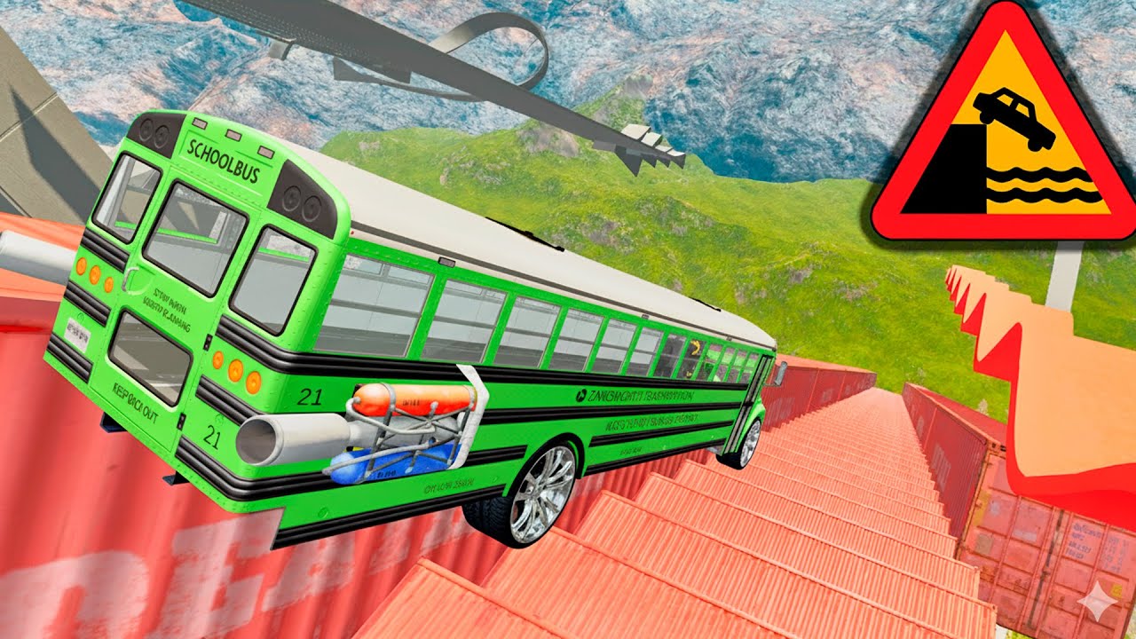 School Bus Stairs Jumps Down Challenge – BeamNG Drive Realistic Crash Physics BMG