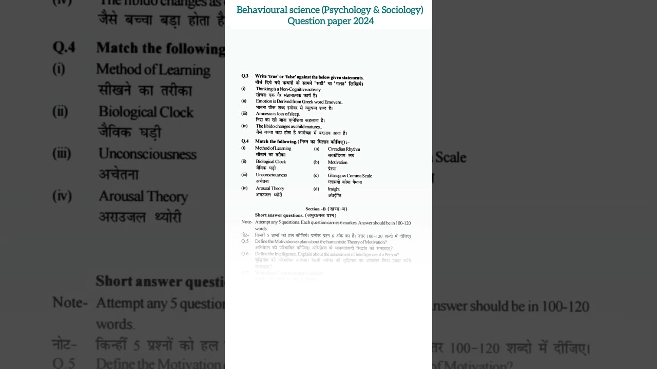 Behavioural science (Psychology and Sociology) Important Questions 2024 paper sample