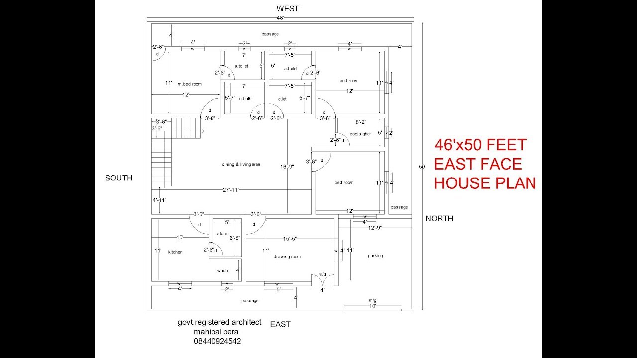 46x50 feet east facing house plan | 4bhk east face house plan with ...