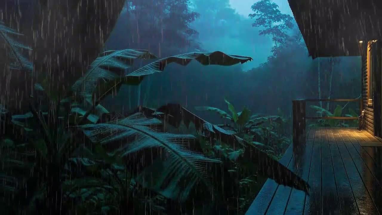 Sleep Now with Light Rain Sounds and Rolling Thunder at Wooden Cabin Terrace 🌧️