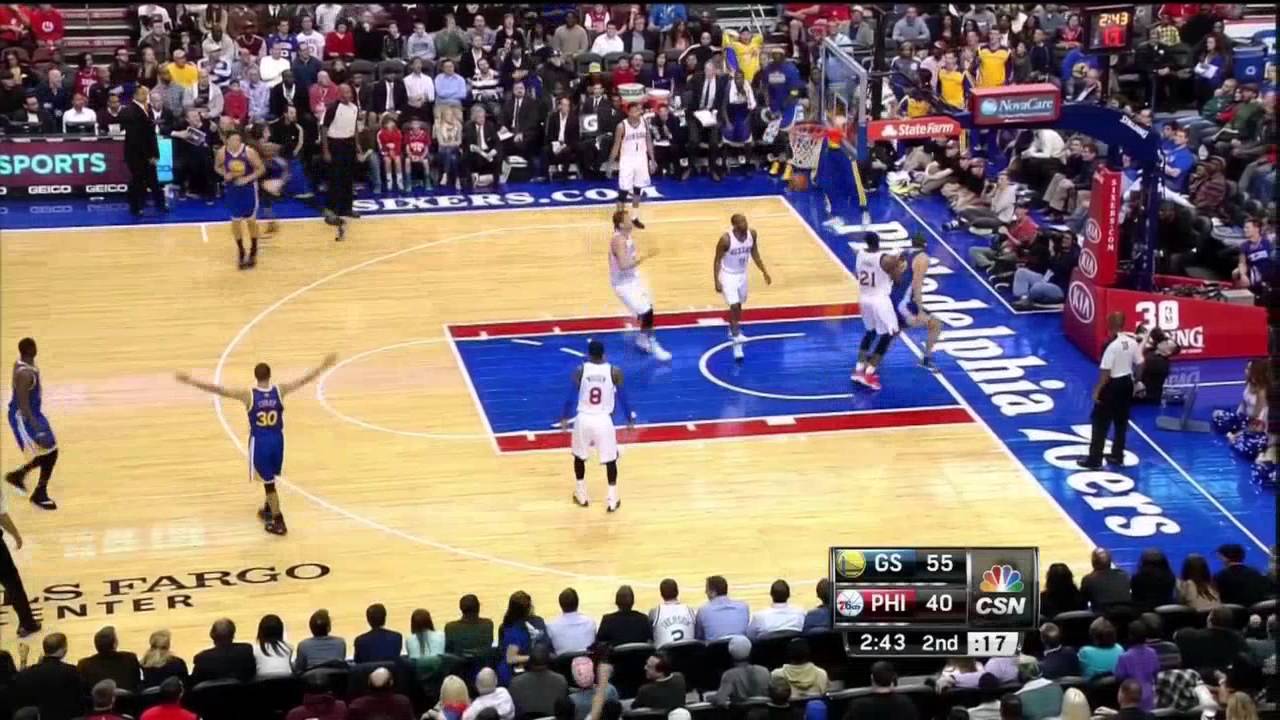 Andre Iguodala behind the back pass to David Lee vs 76ers 11-4-13