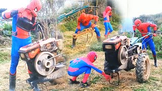 SUPER HERO | Spider-Man, Father And Son Plowing the Fields On The Farm | Funny funny video