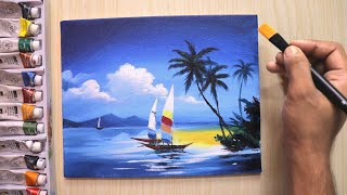 Acrylic painting of beautiful Sunny Seashore landscape with coconut trees