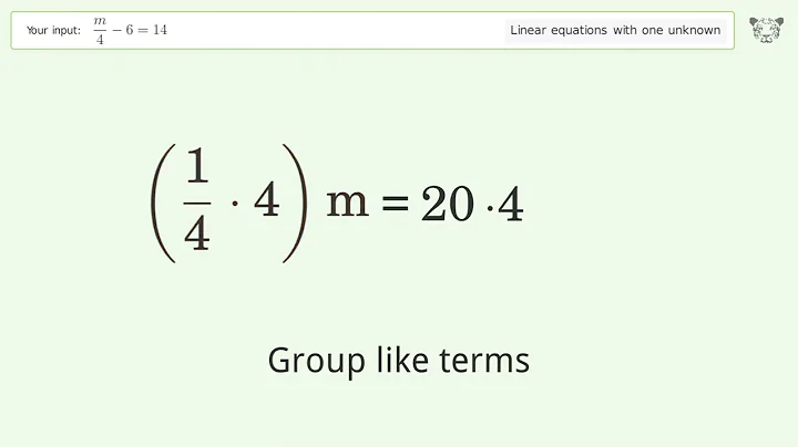 Linear equation with one unknown: Solve m/4-6=14 step-by-step solution