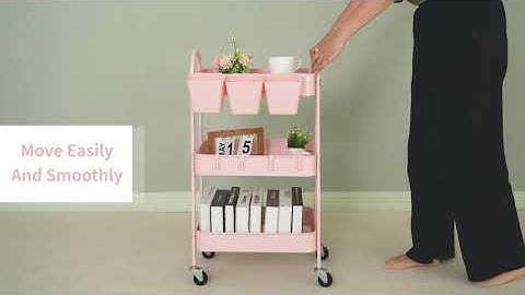 Pink 3 Tier Rolling Utility Metal Rolling Storage Cart with Lockable Wheels & Hanging Cups & Hooks