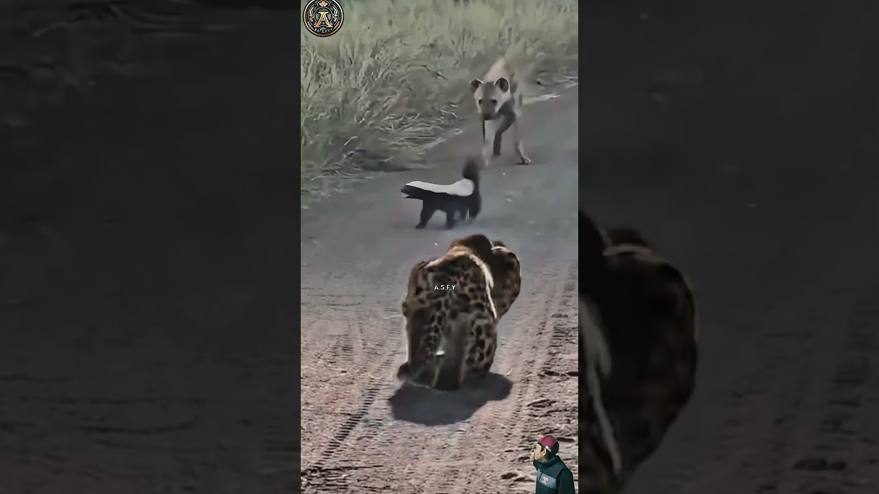 macan tutul mengintai sigung yang di ganggu hyena di jalan 