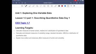 AP Stats Lesson 1.3 part 1 - Describing Quantitative Data day 1