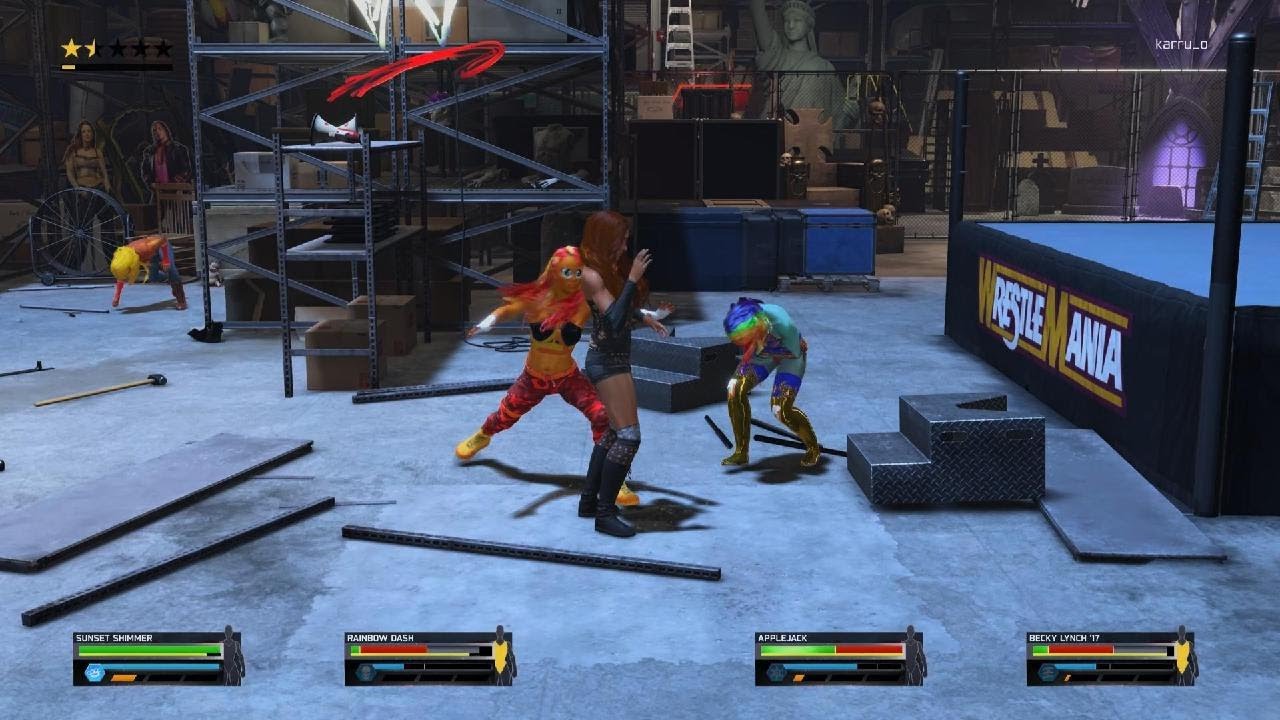 WWE 2K25 - Sunset Shimmer 🆚 AppleJack 🆚 Rainbow Dash 🆚 Becky lynch Fatal 4 Way Backstage Fight