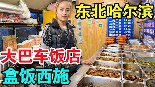 哈尔滨美女开着大客车卖盒饭，炒菜也在大车上，12元起素菜随便吃【麦总去哪吃】