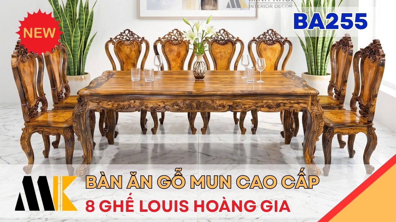 Bàn Ăn Gỗ Mun 8 Ghế Cổ Điển Cao Cấp - BA255 | Minh Khôi