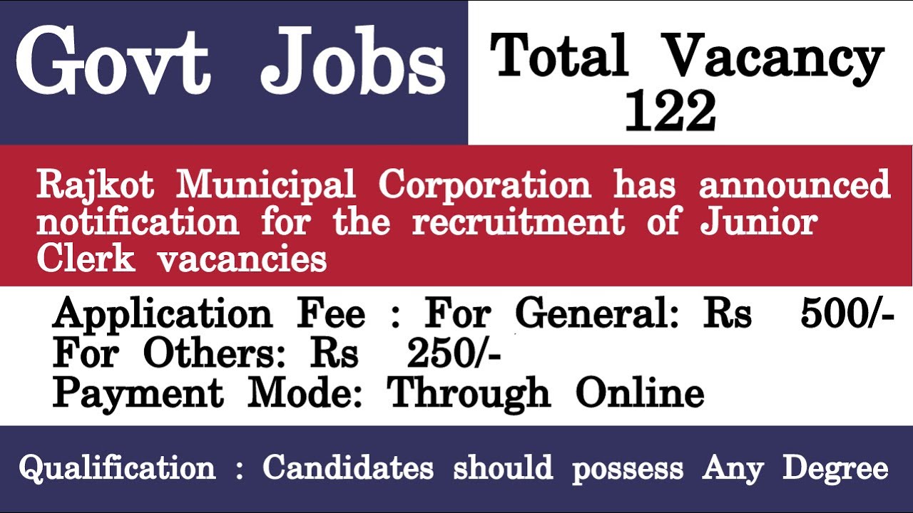 Rajkot Municipal Corporation Jr Clerk Recruitment 2021 Apply Online for 122 Vacancy