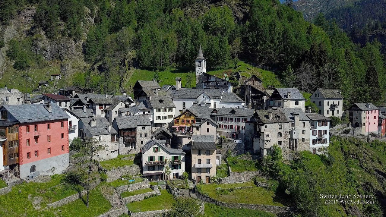 4K Fusio Val Maggia, Lavizzara Ticino SWITZERLAND アルプス山脈 aerialview