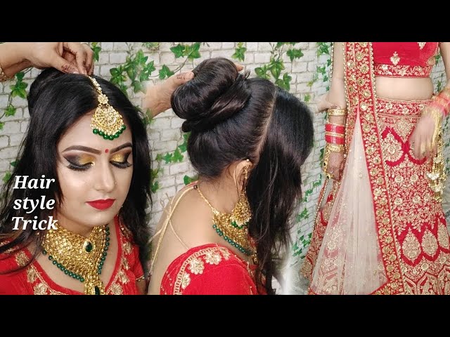 Indian Bride, Hairstyle, Dupatta Setting, Bridal, Indian Wedding, Gold and  copper, Red Dress. Boston Makeup Artist, Massachusetts, Boston Hairstylist,  Indian We…