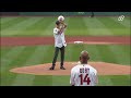 Tom hanks with wilson throws first pitch at cleveland guardians home opener vs giants