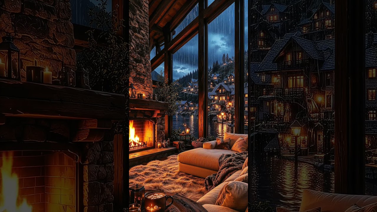 Cozy Fireplace Rain Village Lights