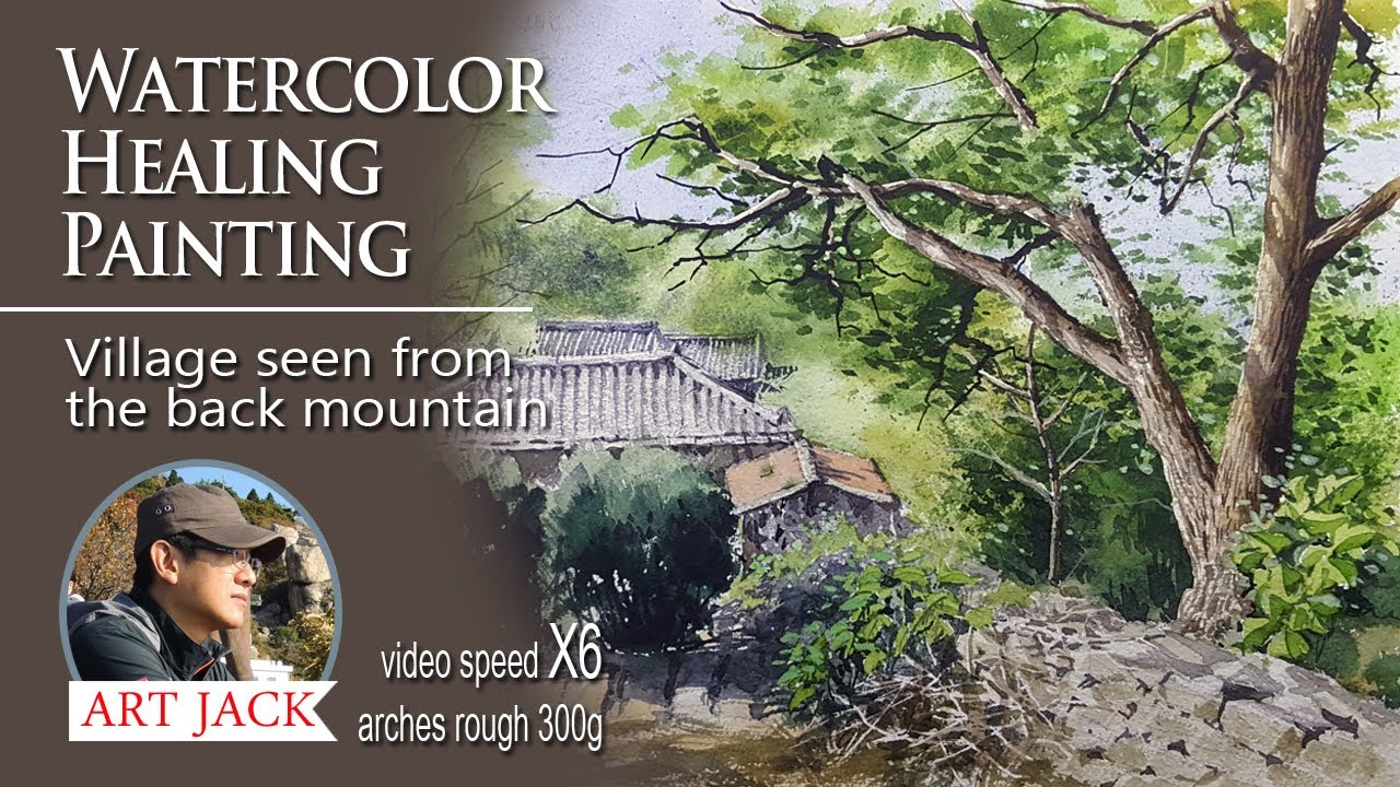 Watercolor healing painting landscape | Village seen from the back ...