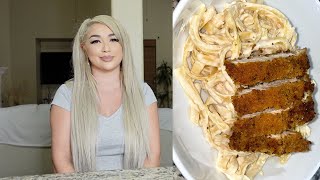 CREAMY LEMON PASTA WITH LEMON PEPPER CRUSTED CHICKEN