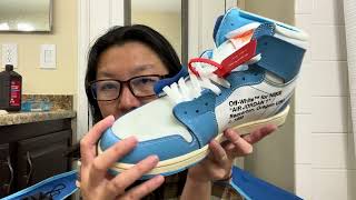 This is a pair FAKE Air Jordan 1 retro off white university blue shoes. Can you tell why it’s fake?