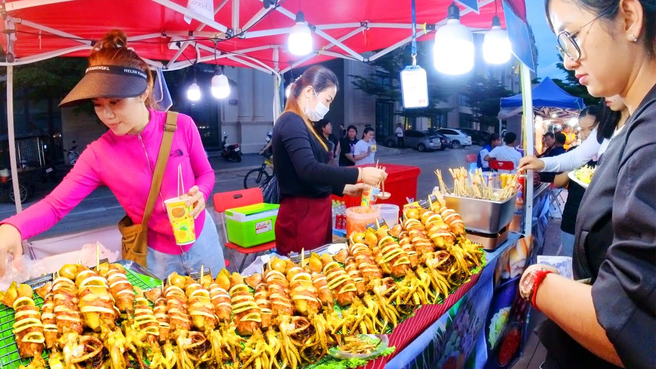 Best Cambodia Street Food BBQ Seafood Octopus, Squid, Hot Dog