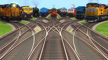 🧶09 Trains Crossing At Bumpy Curves Railroad Tracks || train animation videos for toddlers 