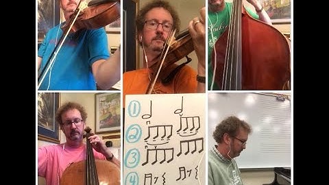 D Major Scale Warm-up, 2 octaves, with bowing patterns. Ray Ostwald, violin, viola, cello, bass.