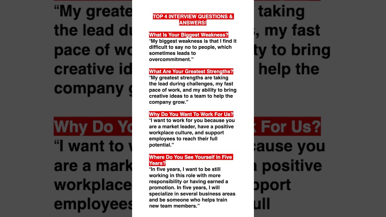 TOP 4 INTERVIEW QUESTIONS ANSWERS How To ANSWER COMMON Interview Questions Interviewquestions