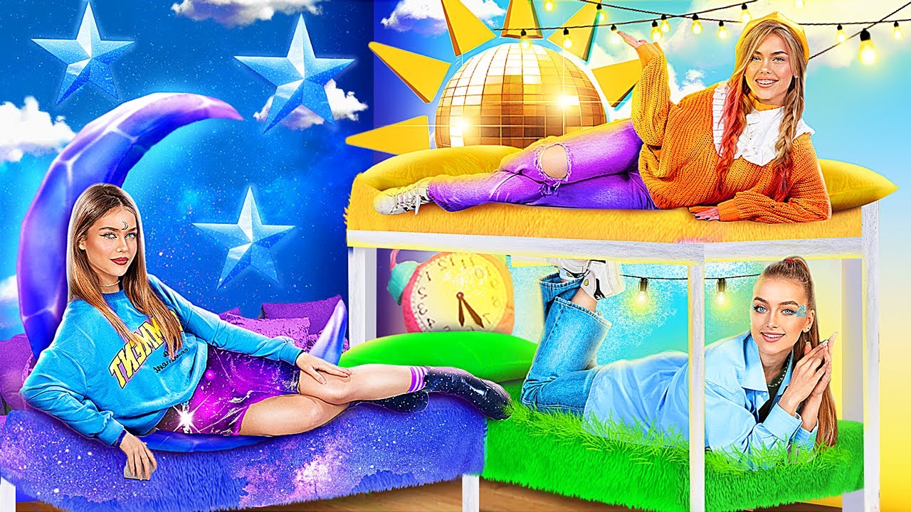 We Build a Bunk Bed for Triplets! Moon, Day and Night Girls!