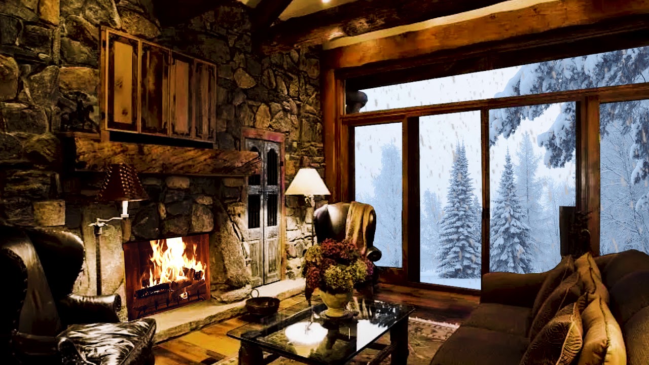 Cozy Living Room Ambience Wind Sounds, Fireplace and Heavy Snowstorm ...