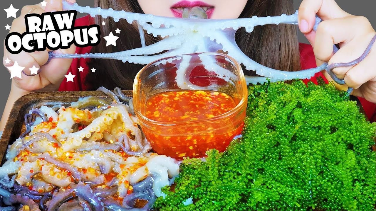 ASMR EATING RAW OCTOPUS X SEA GRAPES EATING SOUNDS | LINH-ASMR