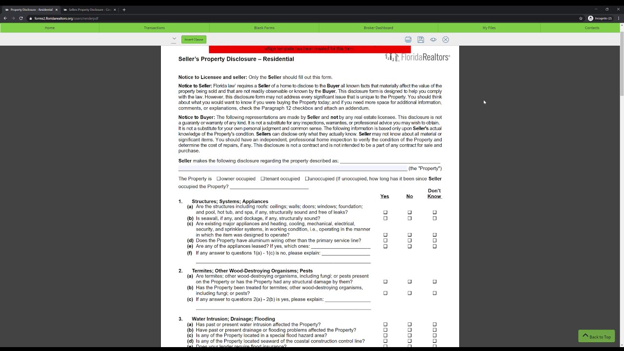 Seller's Property Disclosure Residential & Condominium (Nizz Realty Inc
