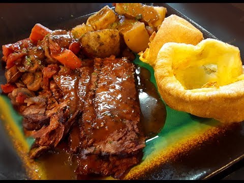Roast beef with Yorkshire pudding, and butterscotch ice cream