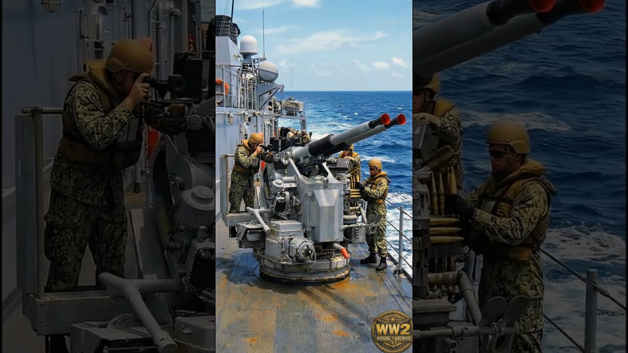 High-resolution colorized photograph of a twin 40mm Bofors naval mount firing over the side of an Allied warship