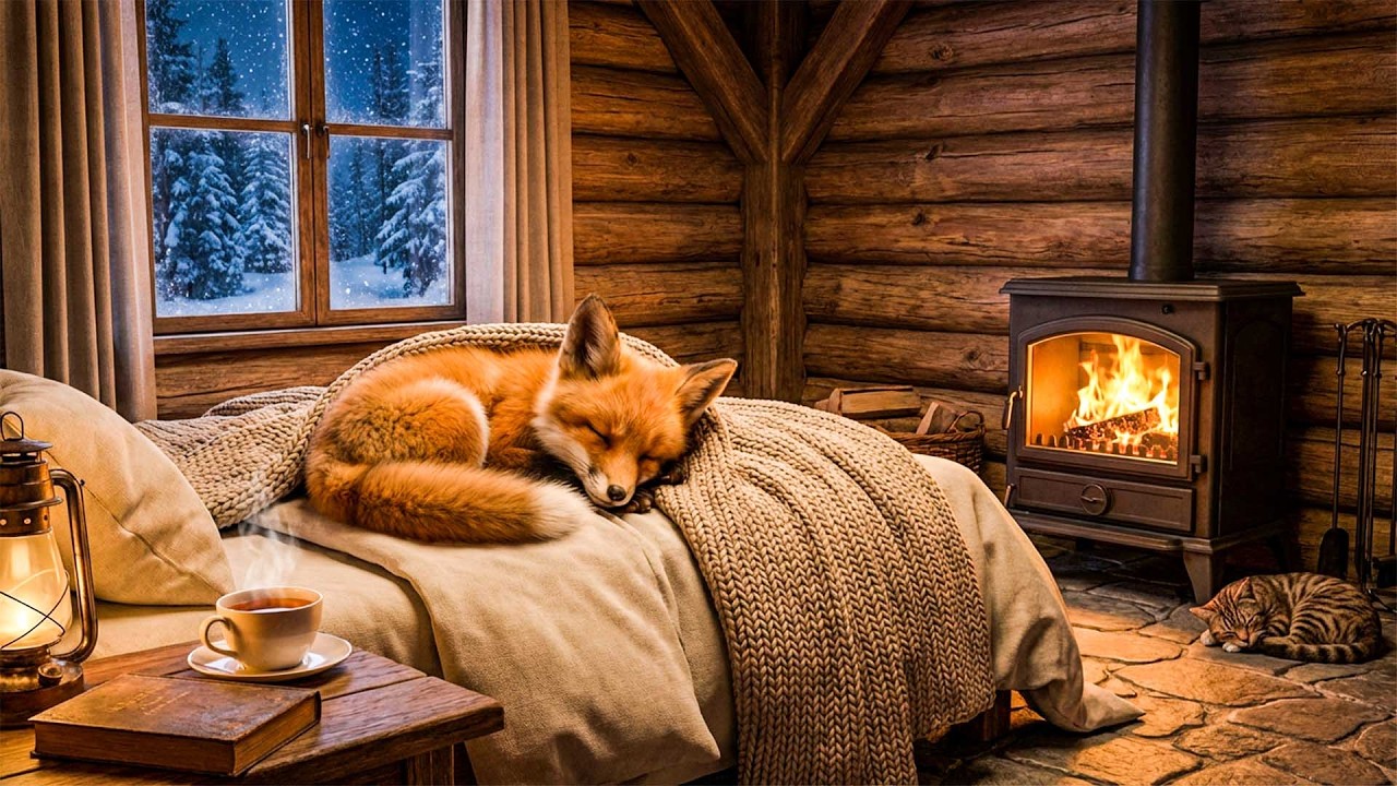 Winter Cabin Retreat | Sleeping Fox, Warm Fire, & Snowy Night Sounds for Deep Relaxation