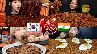 Which Country Is The BEST At EATING BLACK BEAN NOODLES? Korean VS Indian ASMR MUKBANG (compilation)